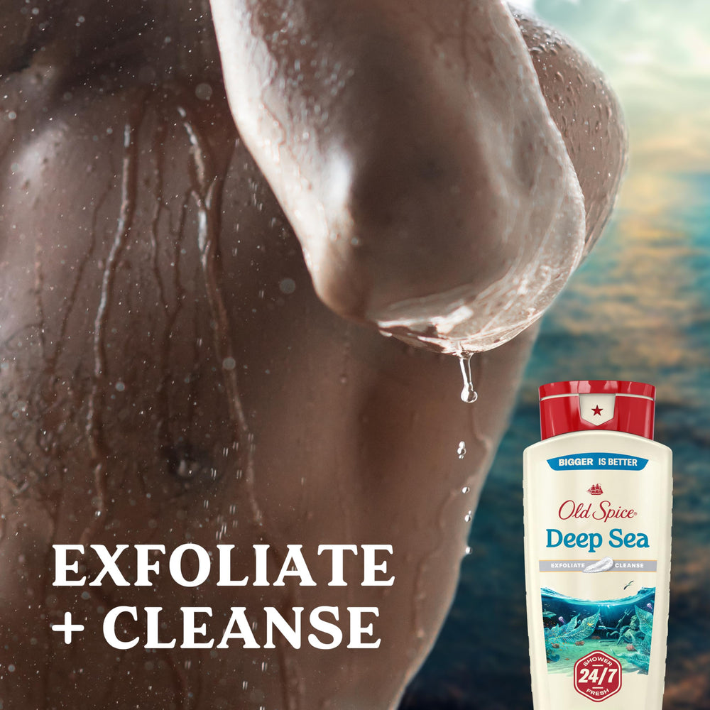 Old Spice exfoliating particles visibly cleanse dirt and odors.