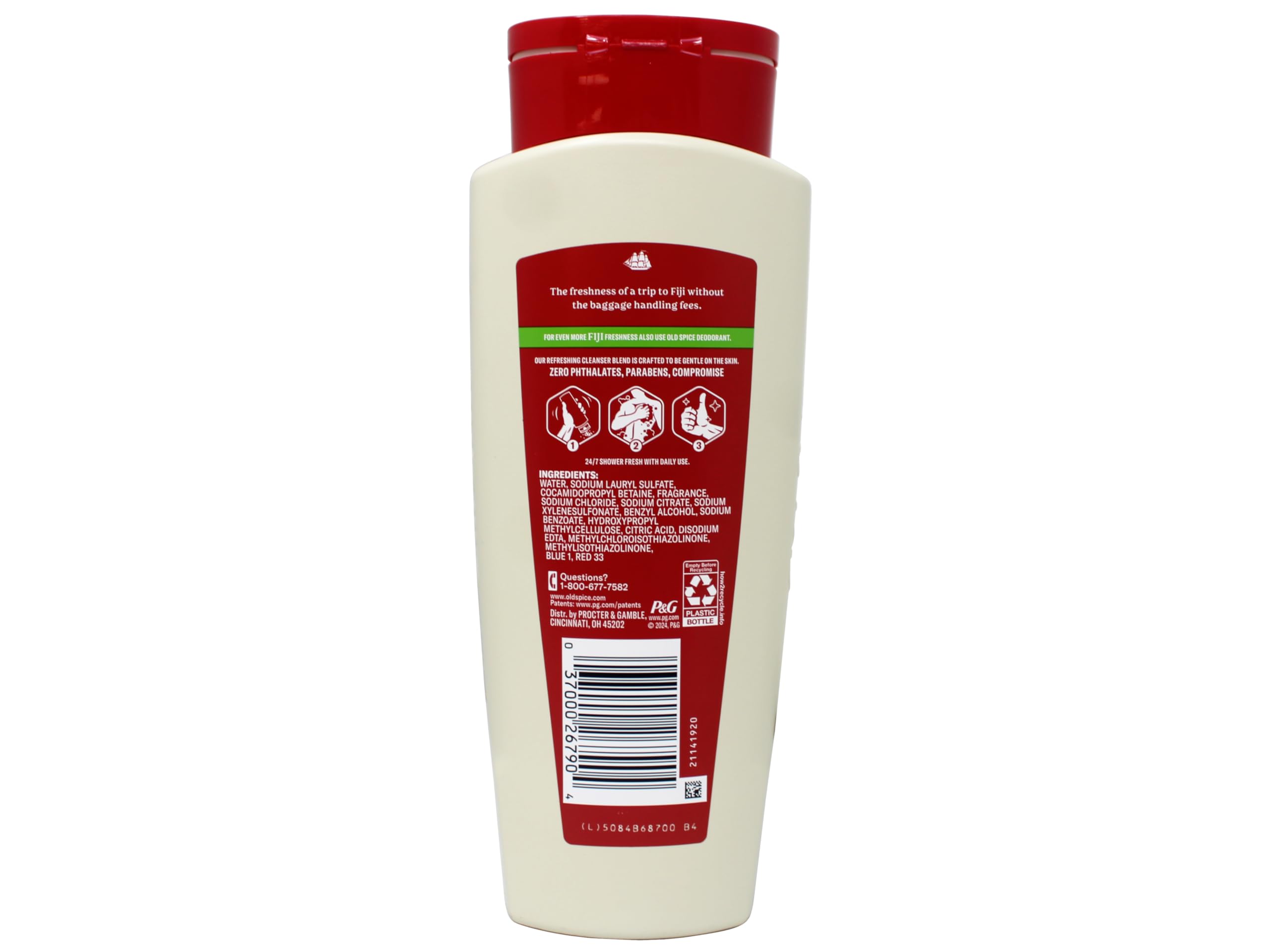 Old Spice Fresher Fiji body wash demonstrates hydrating formula for smooth skin.