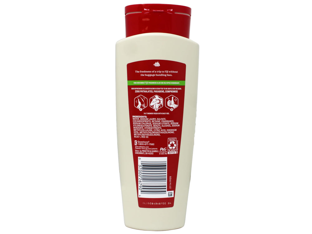 Old Spice Fresher Fiji body wash demonstrates hydrating formula for smooth skin.