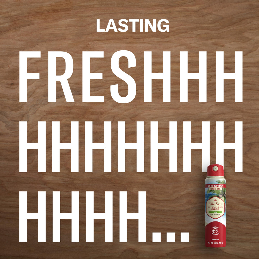 Closeup of label showing aluminum-free formula on Old Spice Fiji spray.