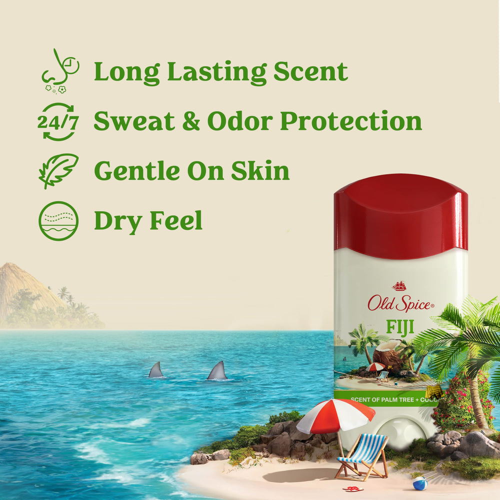 Old Spice Fiji palm-tree scent invisible solid application shows quick, comfortable protection.