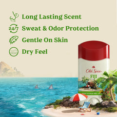 Old Spice Fiji palm-tree scent invisible solid application shows quick, comfortable protection.