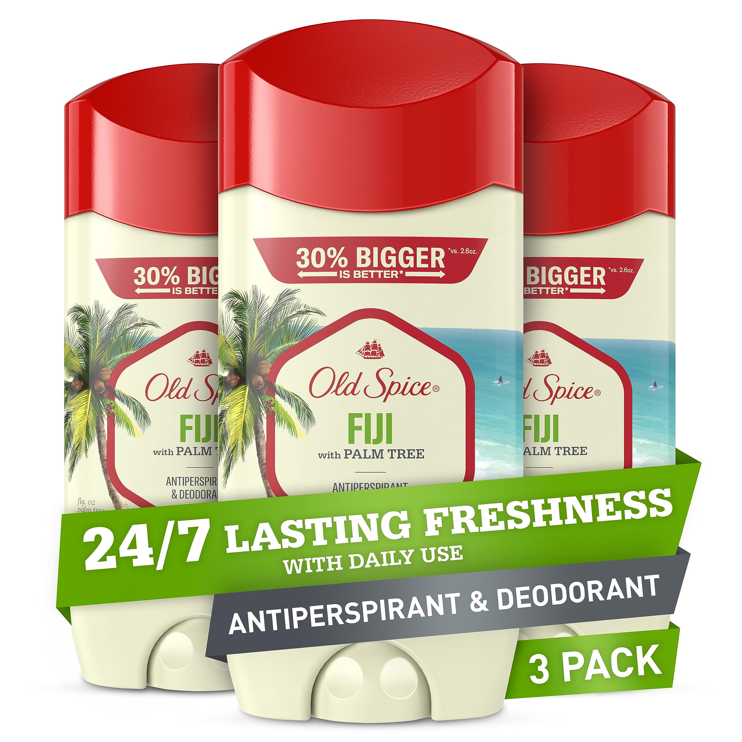 Old Spice Fiji palm-tree scent invisible solid pack-3 for all-day protection.