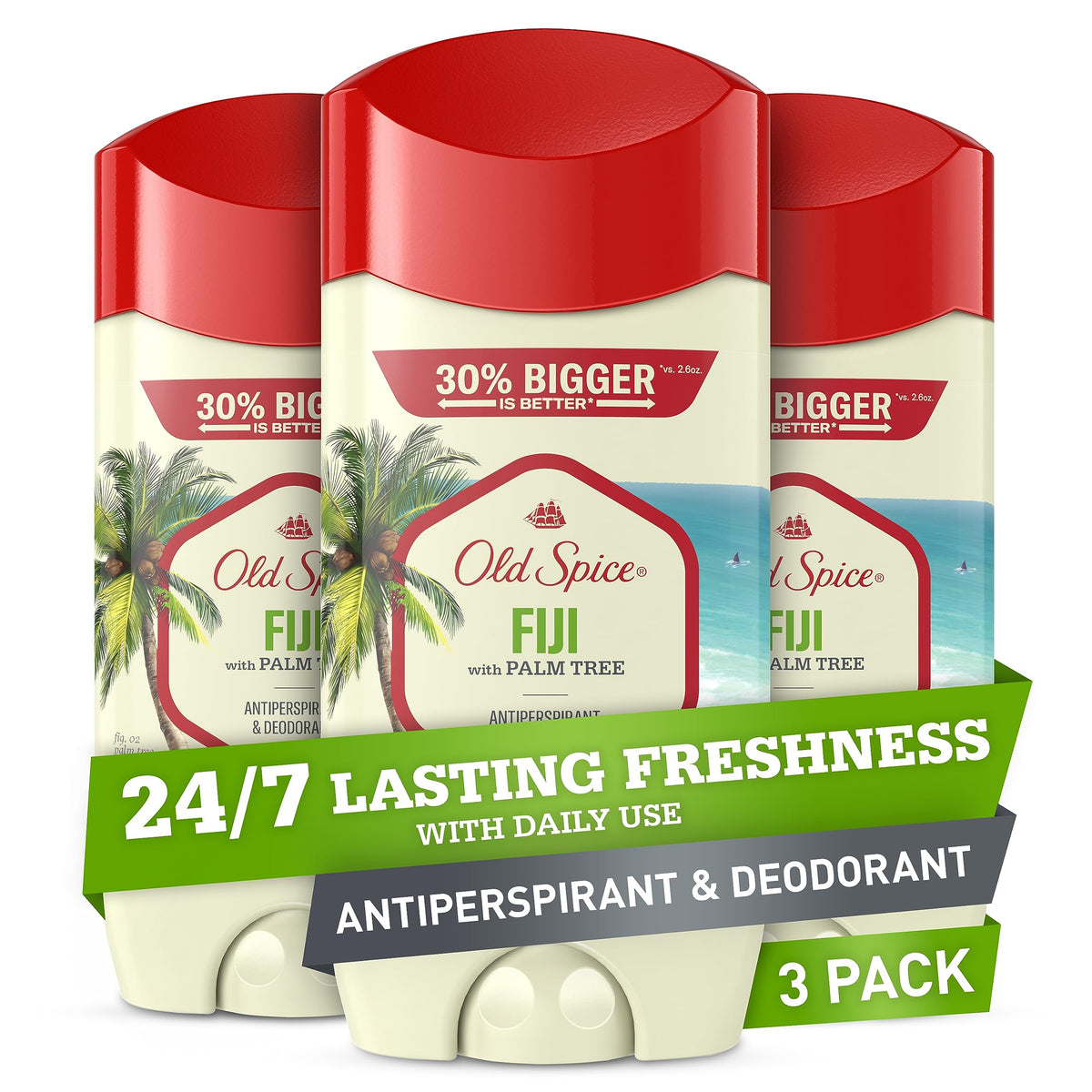 Old Spice Fiji palm-tree scent invisible solid pack-3 for all-day protection.