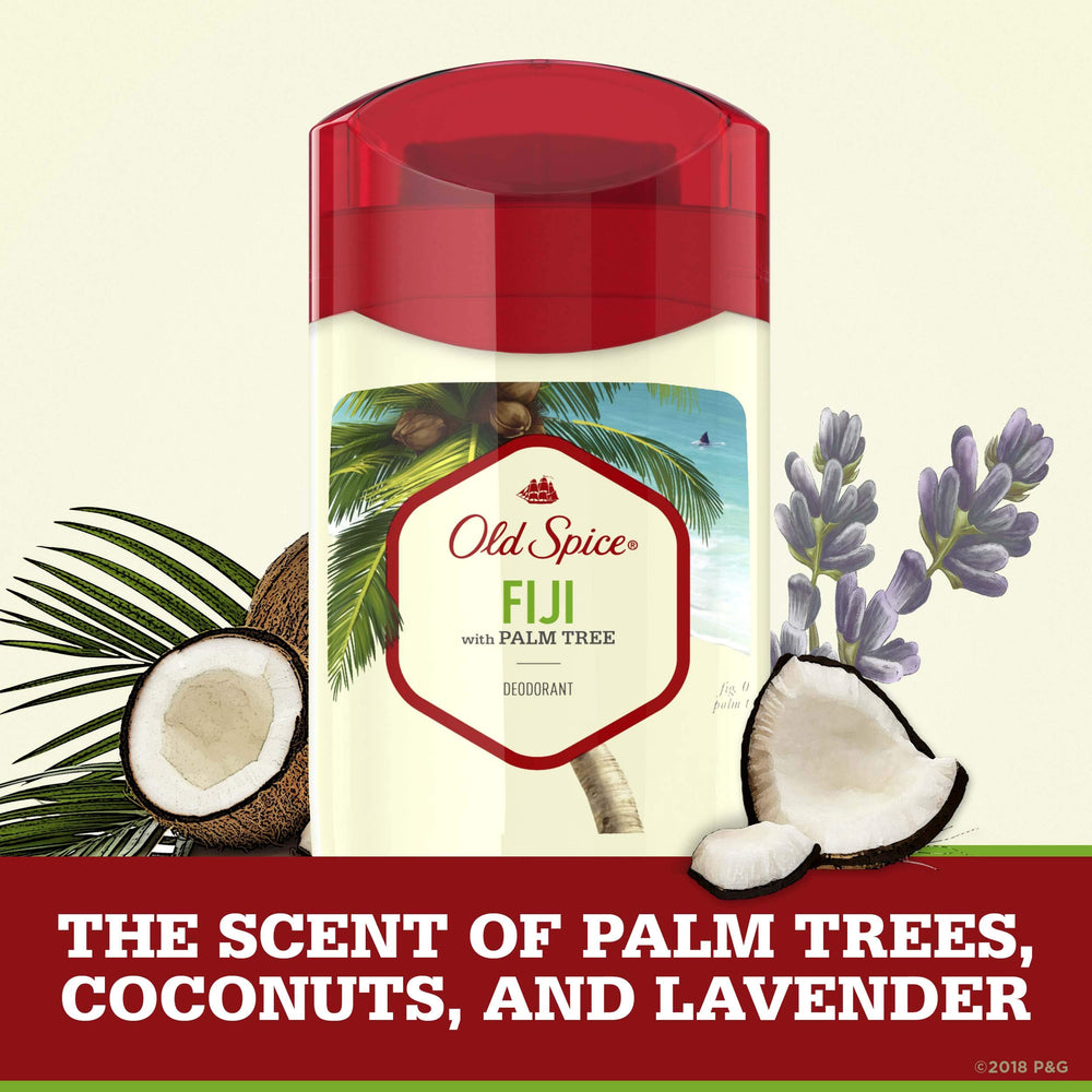 Old Spice Fiji Palm Tree bottle against tropical backdrop suggests adventure-friendly protection.