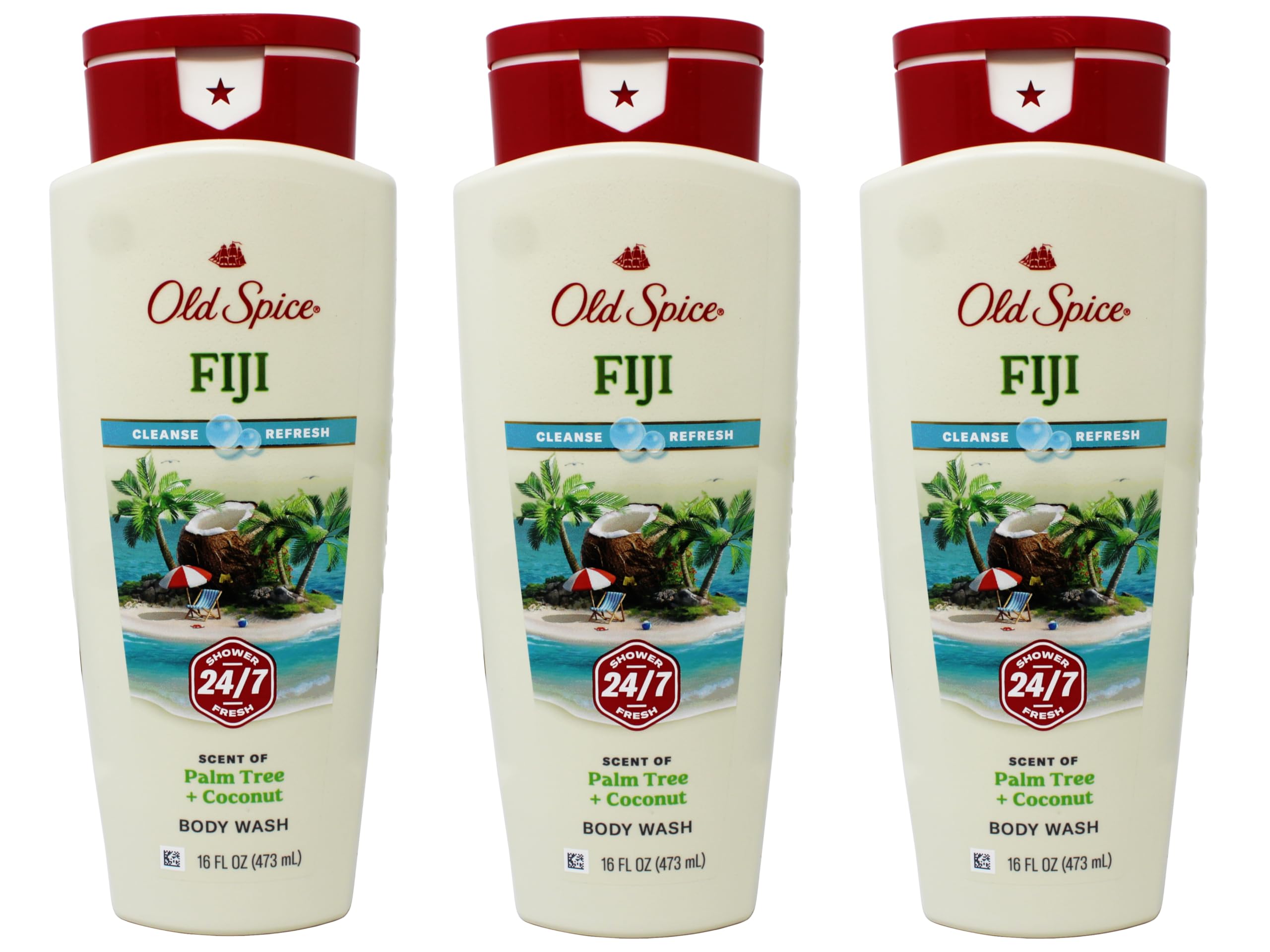 Old Spice Fresher Collection Fiji body wash bottle shows triple-pack value for family showers.