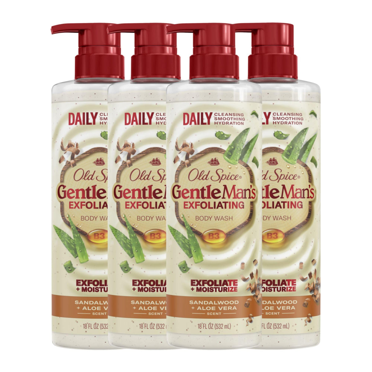Old Spice GentleMan's Collection exfoliating body wash bottle showing sandalwood aloe scent for daily refresh.