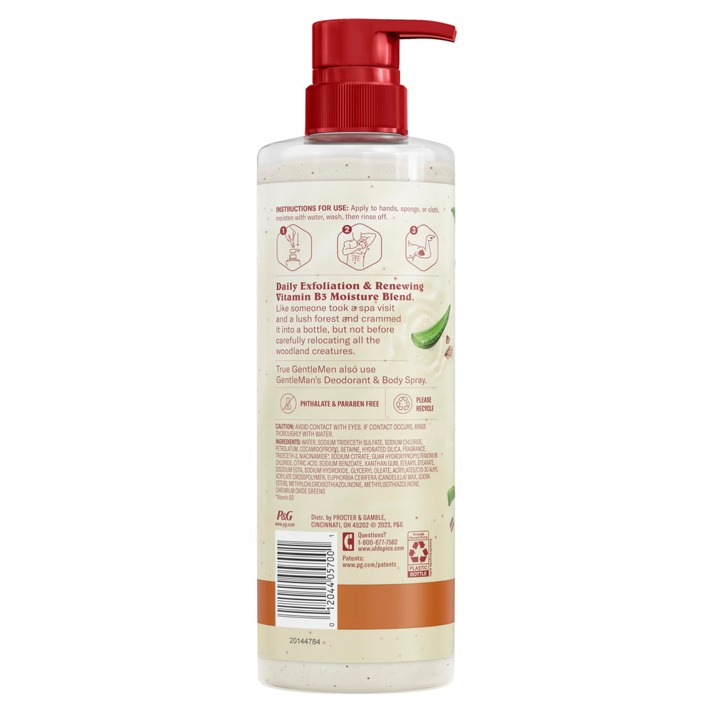 Old Spice GentleMan's Collection exfoliating body wash Vitamin B3 moisture blend label close-up.