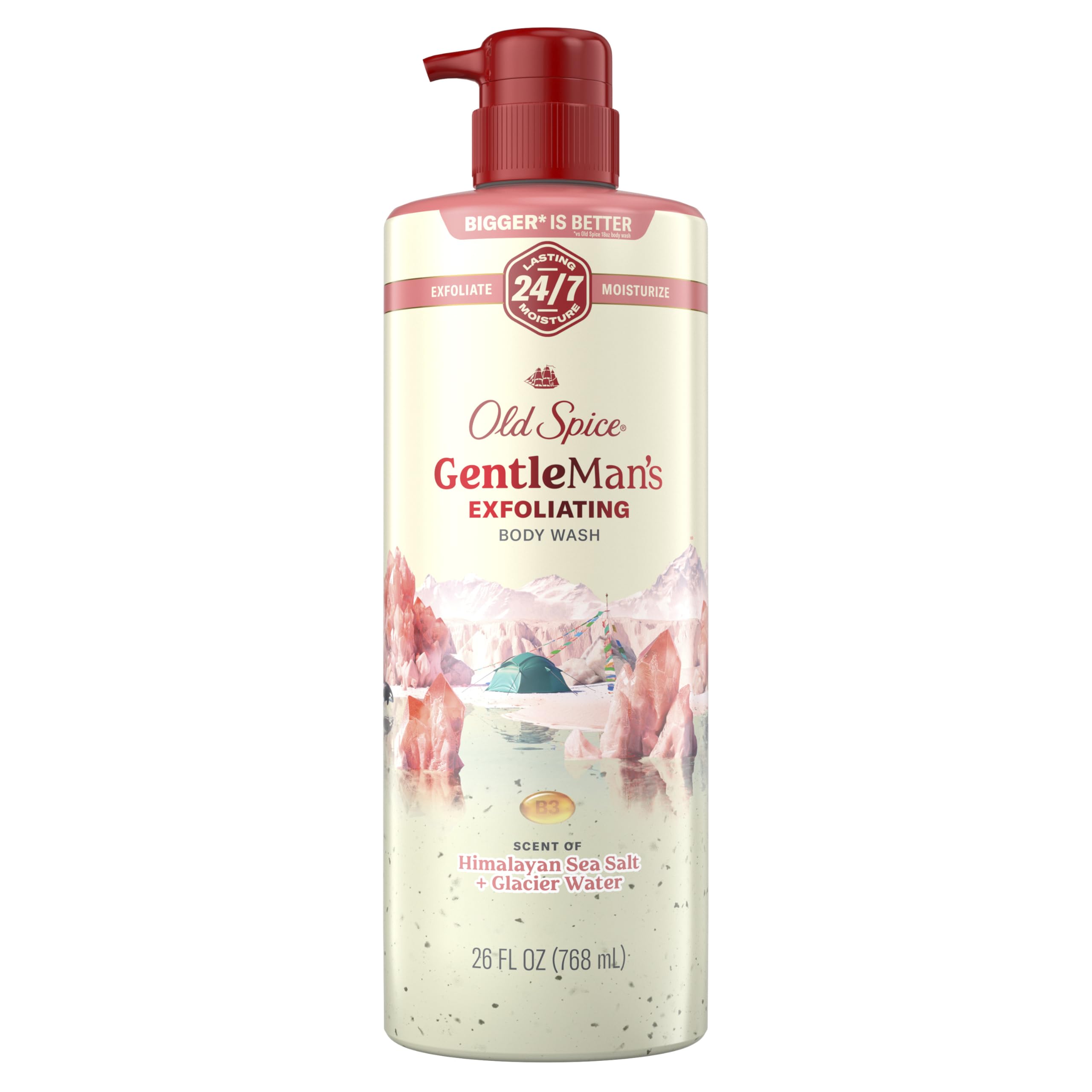 Old Spice GentleMan's exfoliating body wash bottle shows hydrating formula for daily use