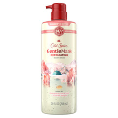 Old Spice GentleMan's exfoliating body wash bottle shows hydrating formula for daily use