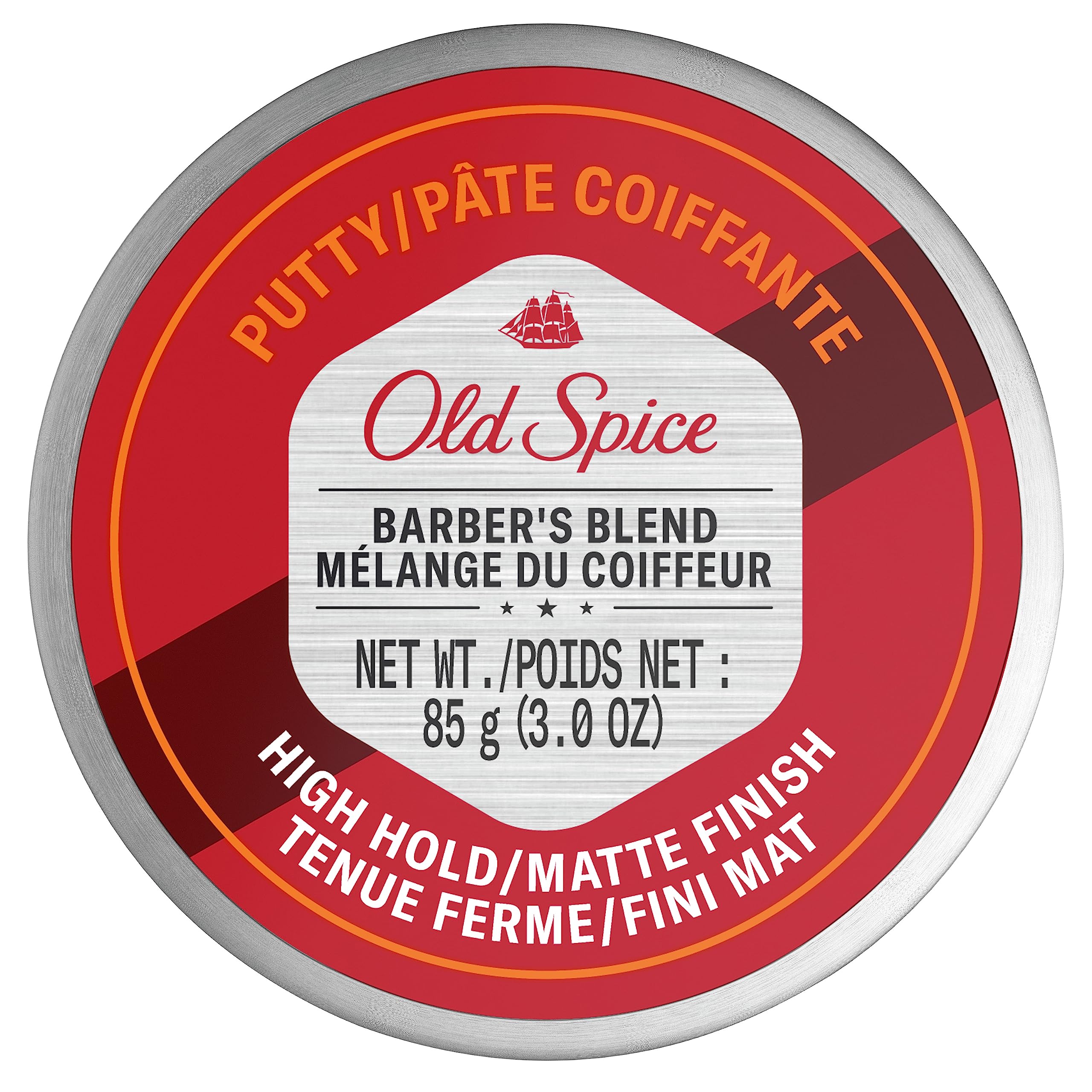 Old Spice Barber's Blend Putty puck shows high hold and matte finish for natural style