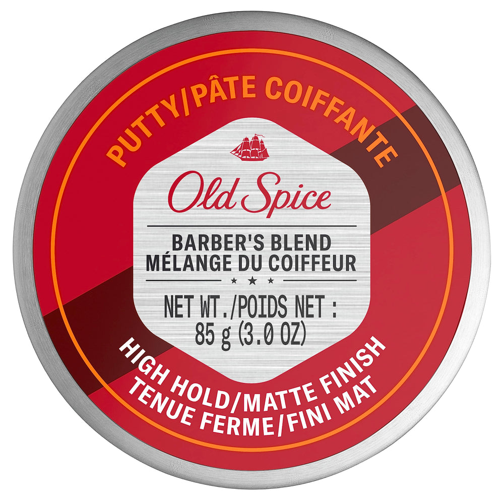 Old Spice Barber's Blend Putty puck shows high hold and matte finish for natural style