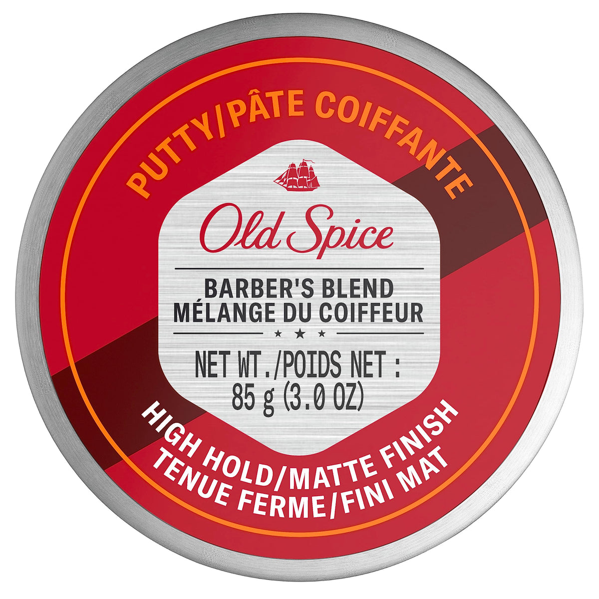 Old Spice Barber's Blend Putty puck shows high hold and matte finish for natural style