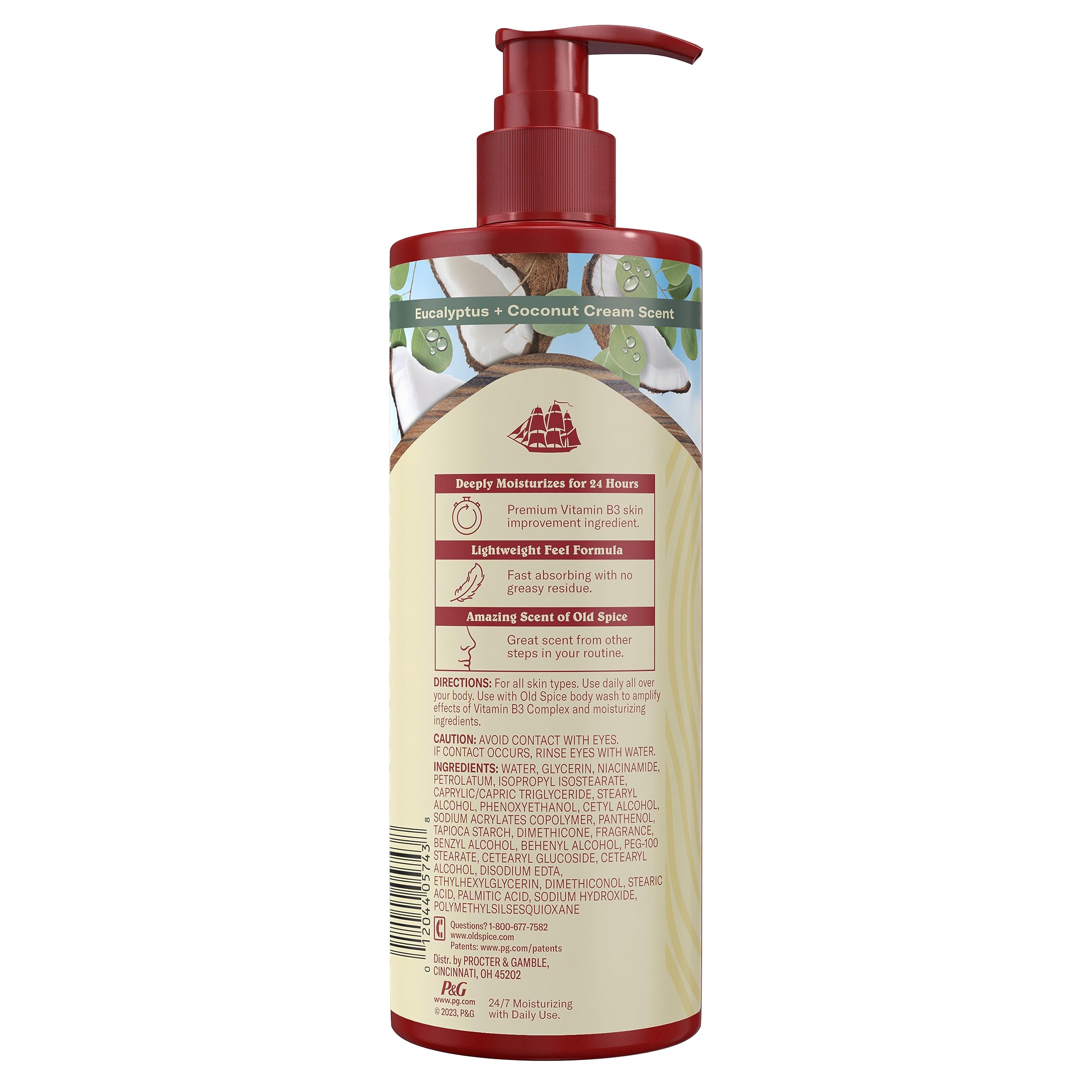 Old Spice Hand & Body Lotion for Men bottle with eucalyptus-coconut scent communicates refreshing masculine aroma.