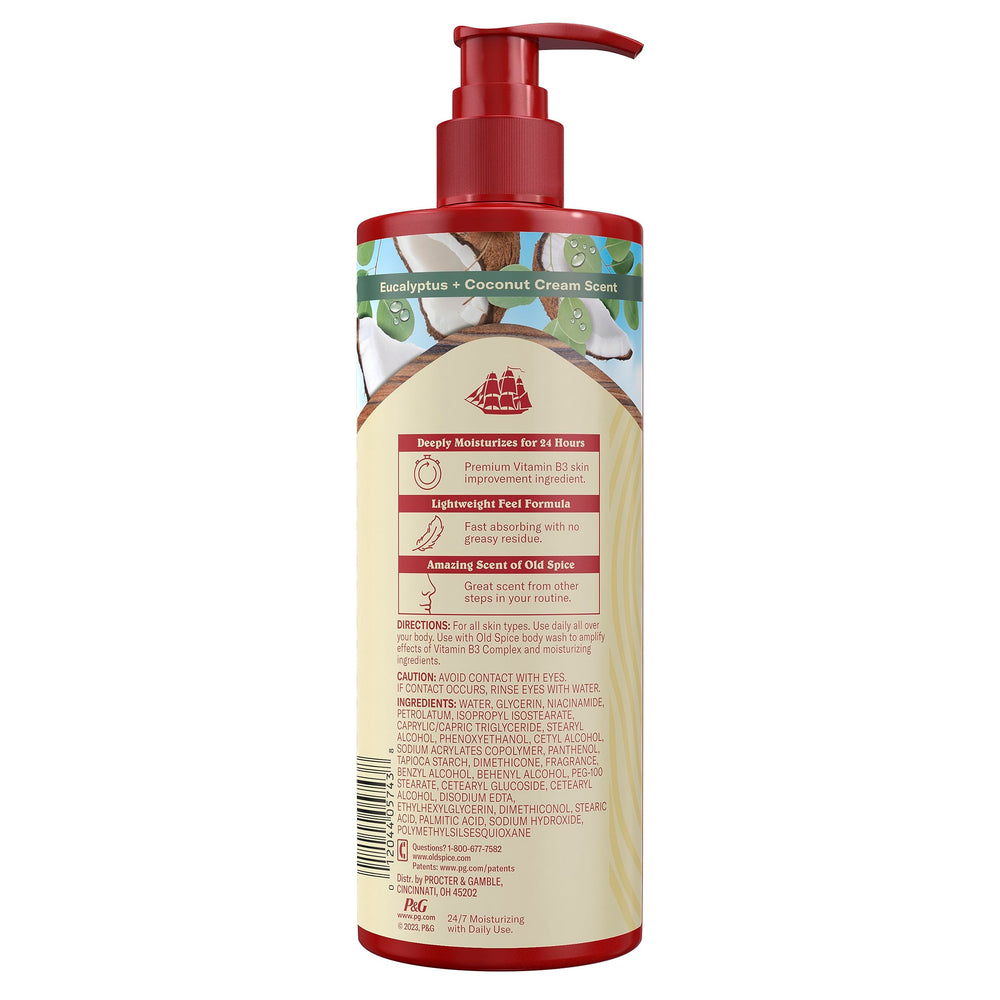 Old Spice Hand & Body Lotion for Men bottle with eucalyptus-coconut scent communicates refreshing masculine aroma.