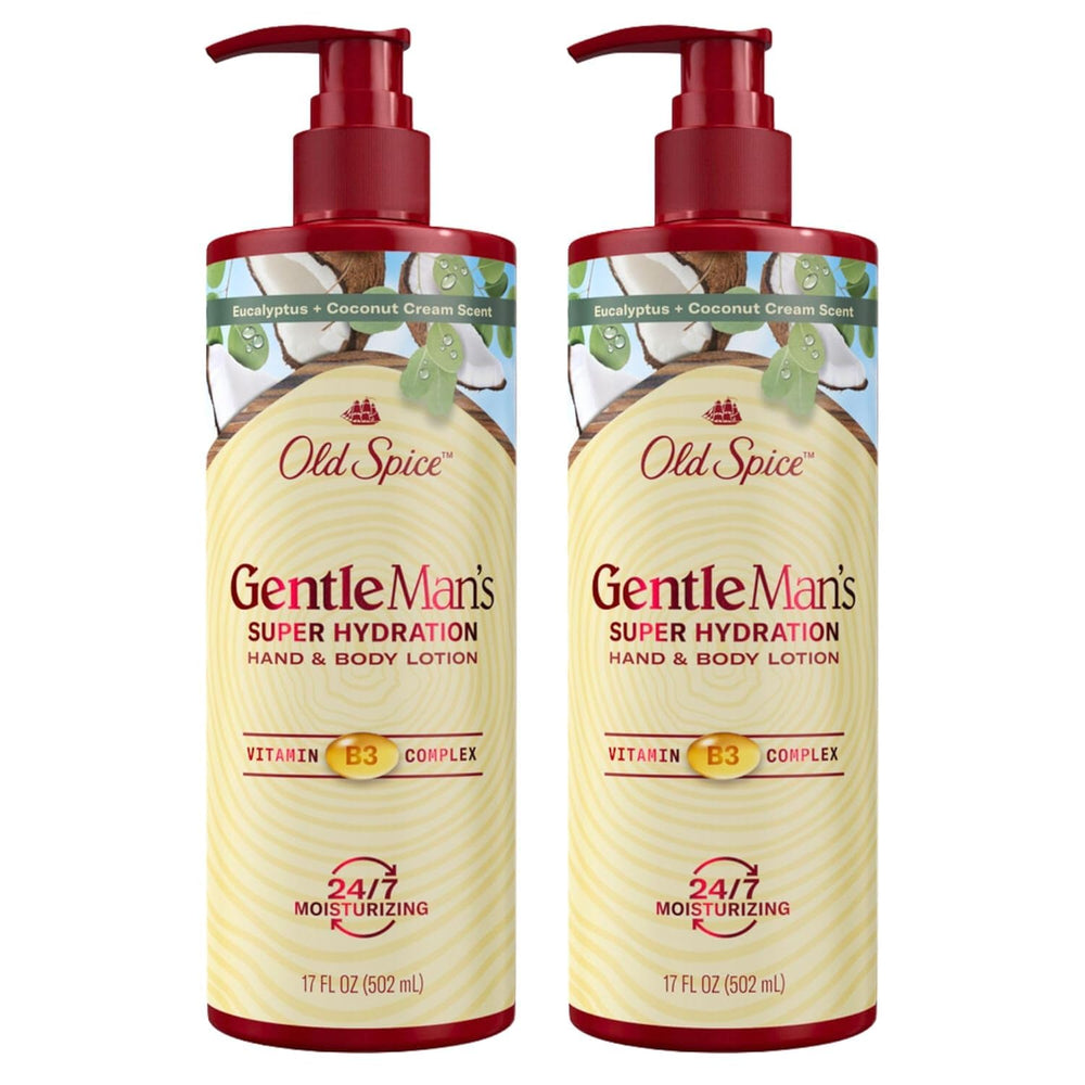 Old Spice Hand & Body Lotion for Men packaging highlights 2-pack value and Gentleman's Blend hydration.