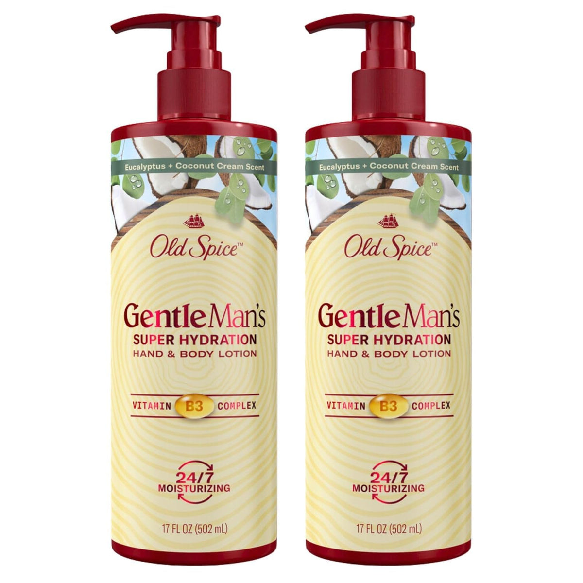 Old Spice Hand & Body Lotion for Men packaging highlights 2-pack value and Gentleman's Blend hydration.