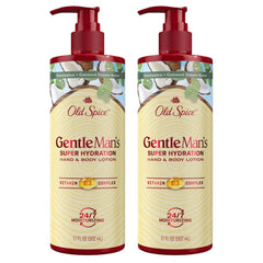 Old Spice Hand & Body Lotion for Men packaging highlights 2-pack value and Gentleman's Blend hydration.