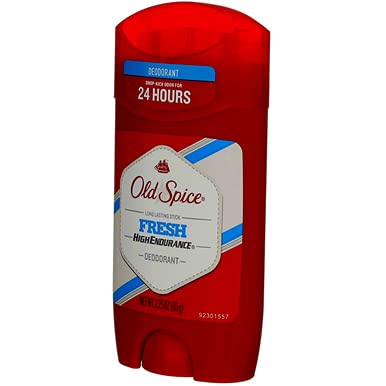 Old Spice High Endurance deodorant stick package conveys lasting protection.