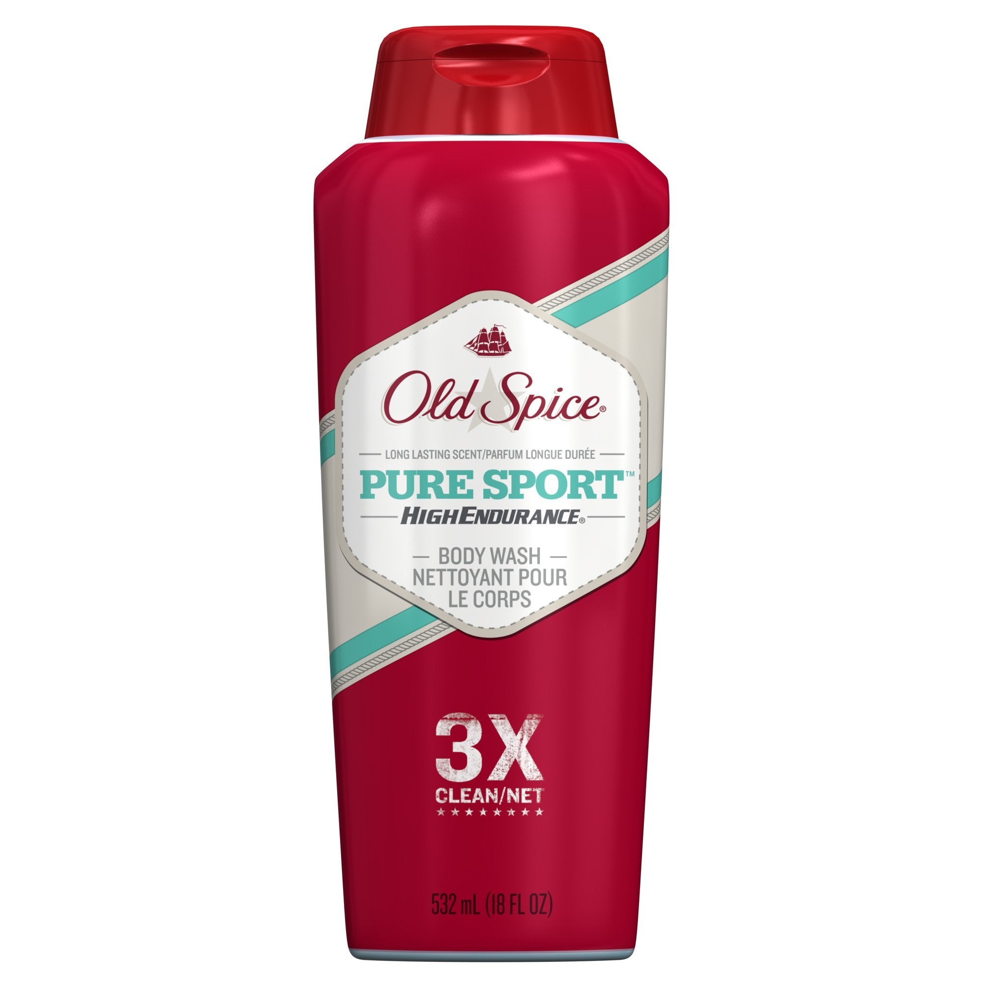 Old Spice High Endurance Pure Sport bottle poured for long-lasting freshness.