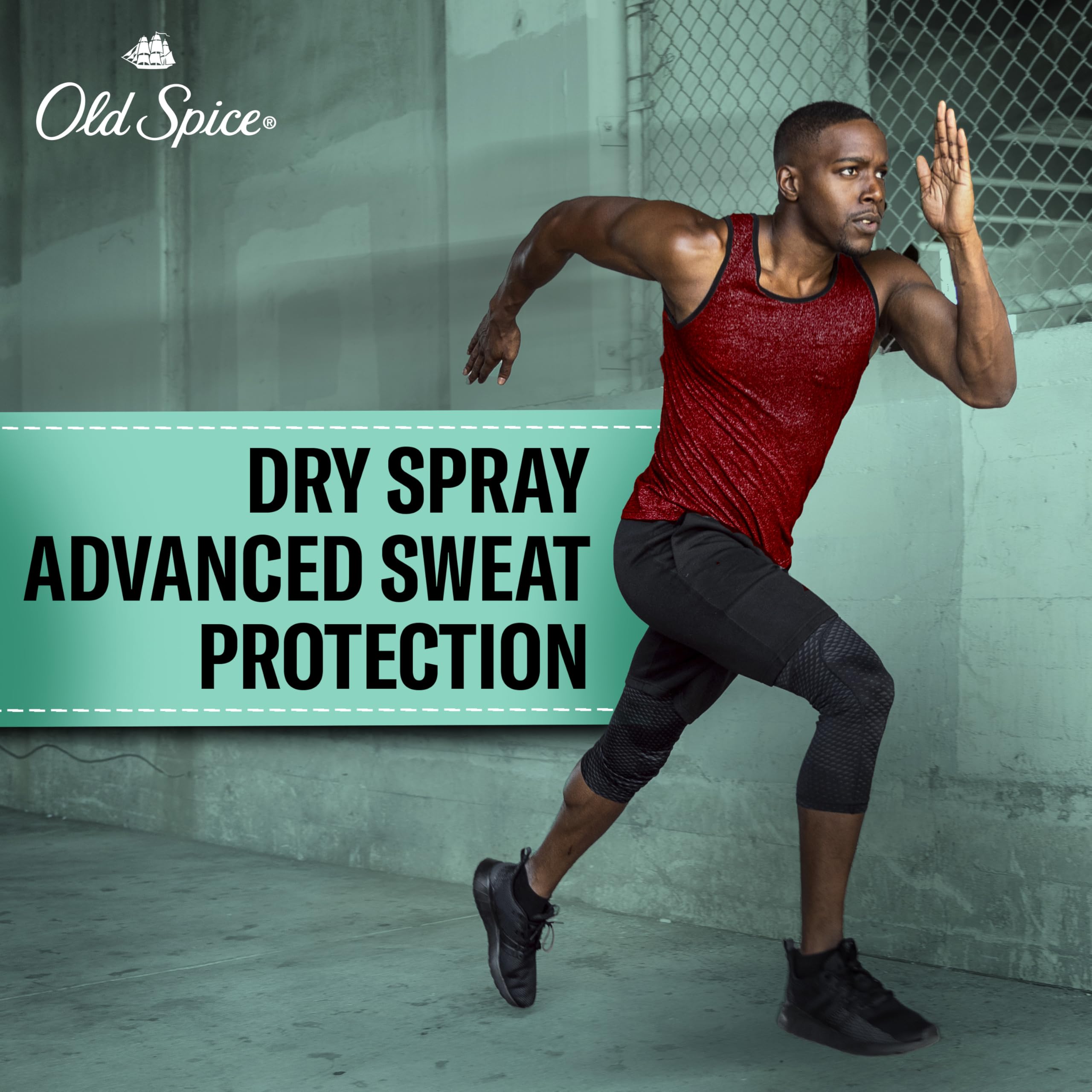 Old Spice High Endurance Pure Sport dry spray shown during workout for quick protection.