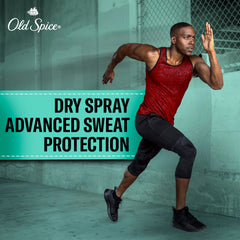 Old Spice High Endurance Pure Sport dry spray shown during workout for quick protection.