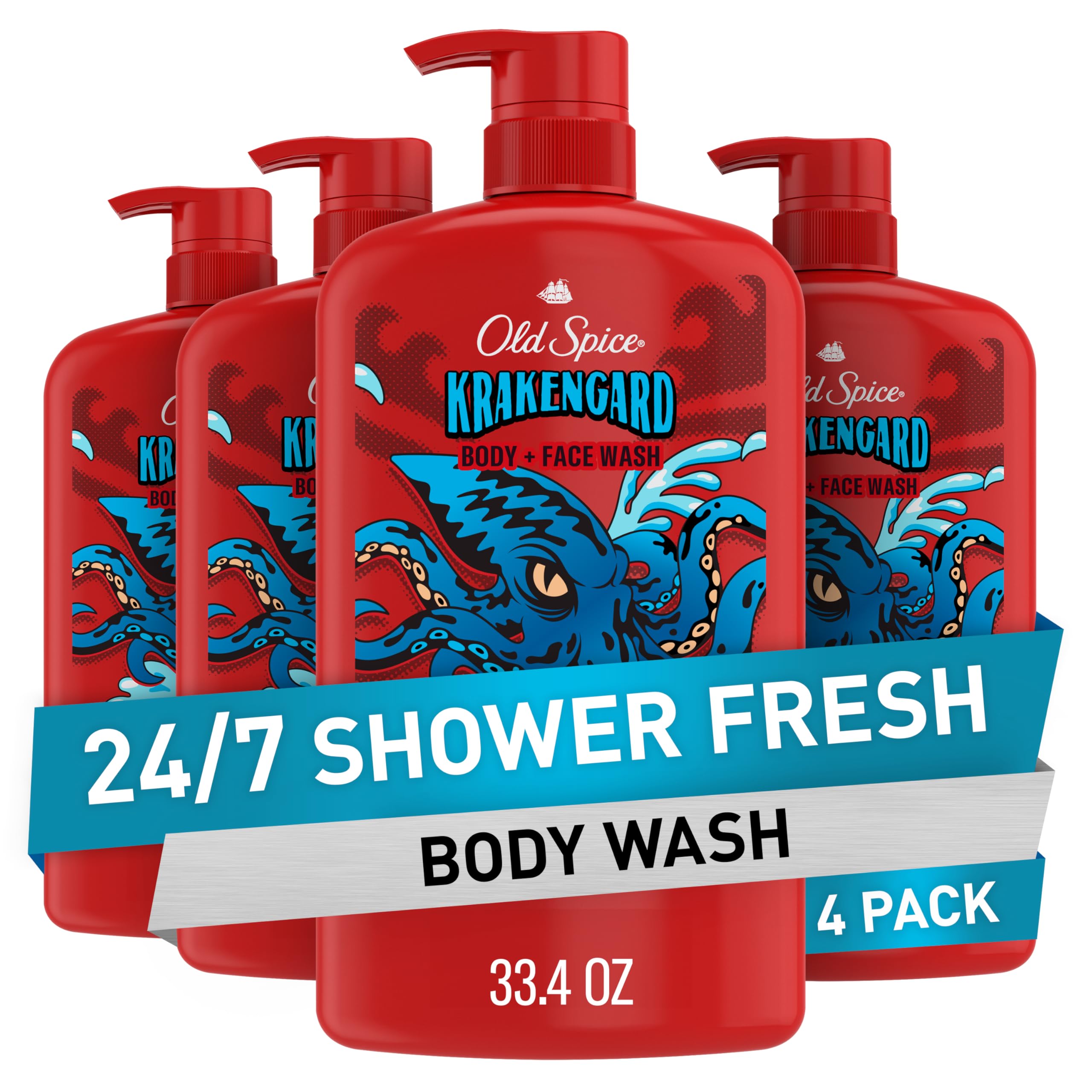 Old Spice Krakengard bottle front shows long-lasting scent for daily showers.