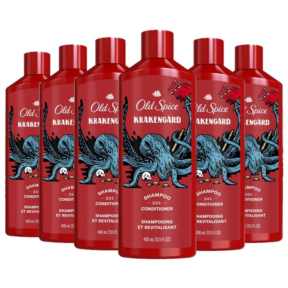 Old Spice Krakengard bottle front shows bold packaging and 2-in-1 formula.