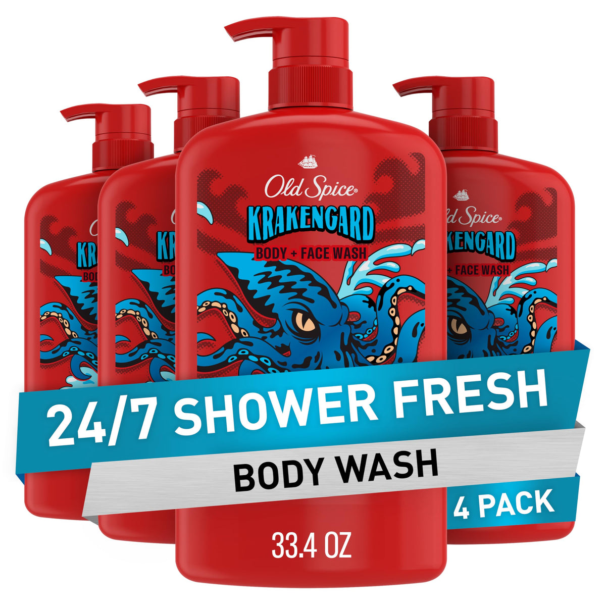 Old Spice Krakengard bottle front shows long-lasting scent for daily showers.
