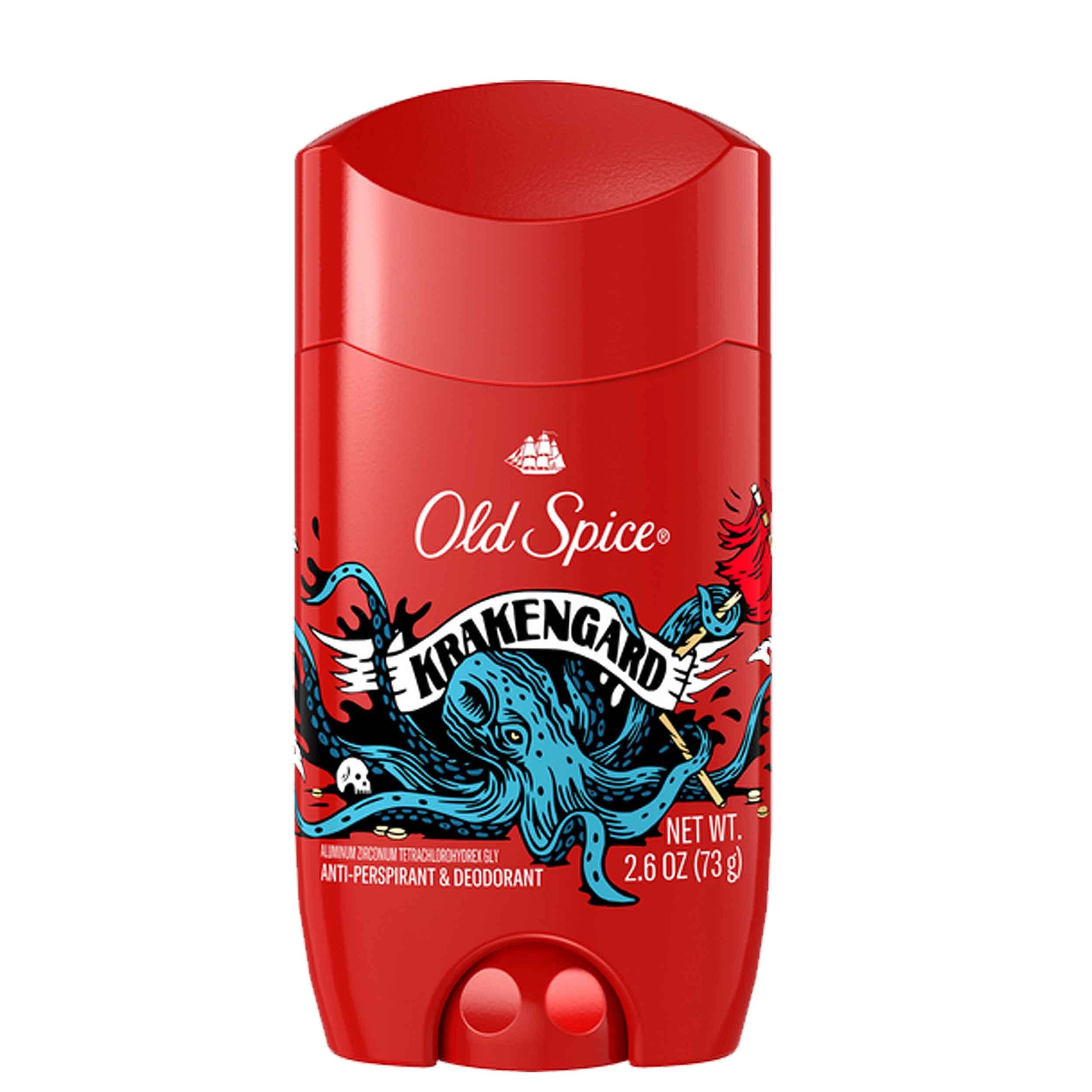 Old Spice Krakengard deodorant application shot highlighting quick-dry formula.
