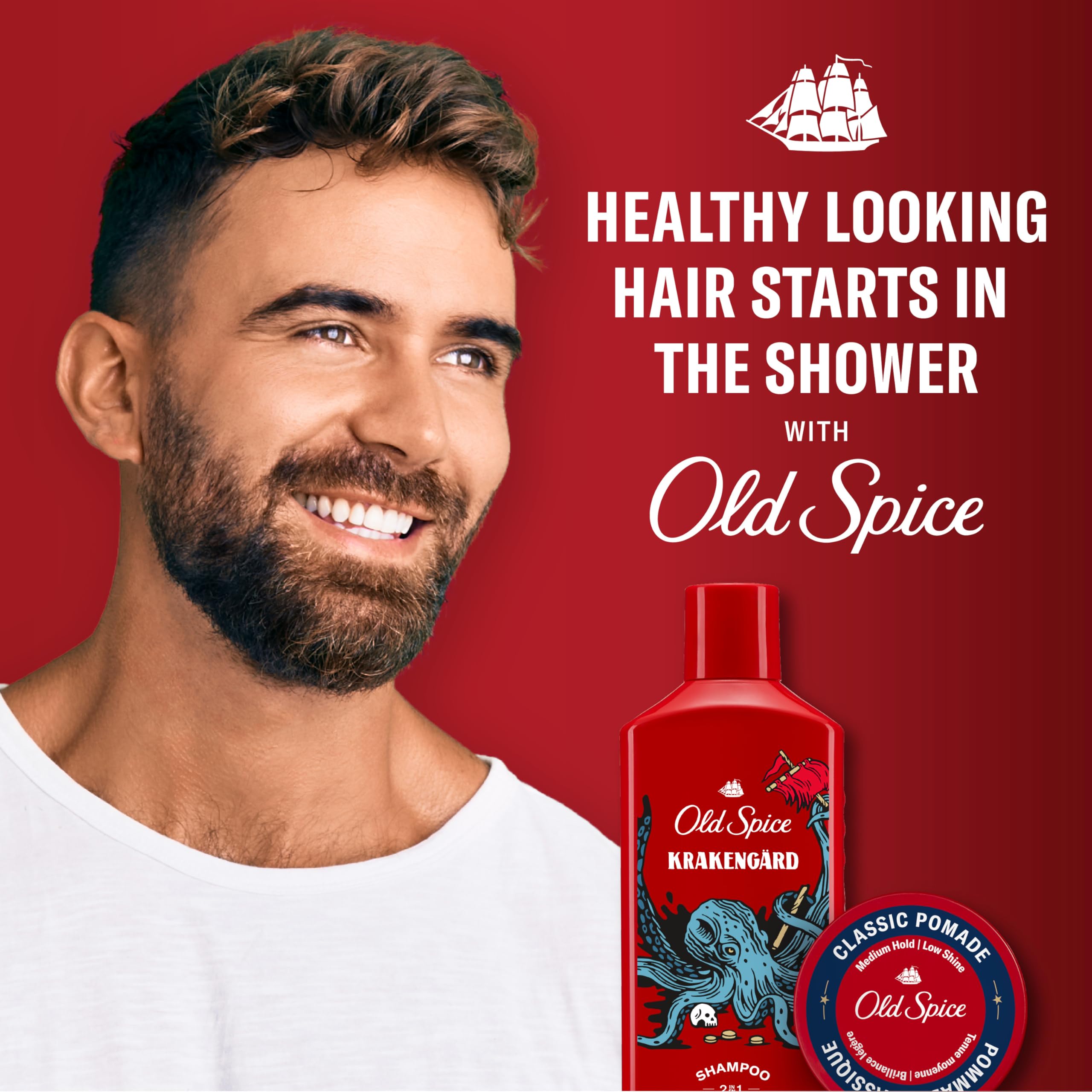 Old Spice Krakengard masculine bathroom scene conveys barbershop-quality vibe.