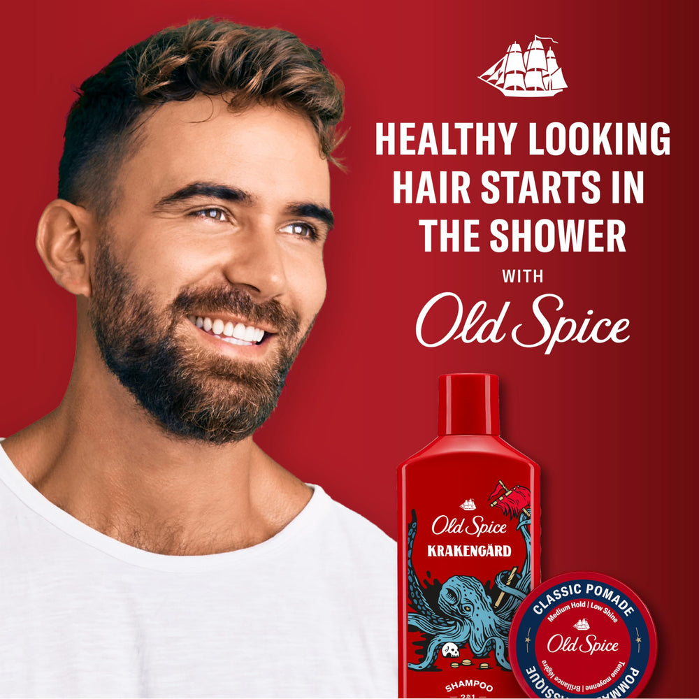 Old Spice Krakengard masculine bathroom scene conveys barbershop-quality vibe.