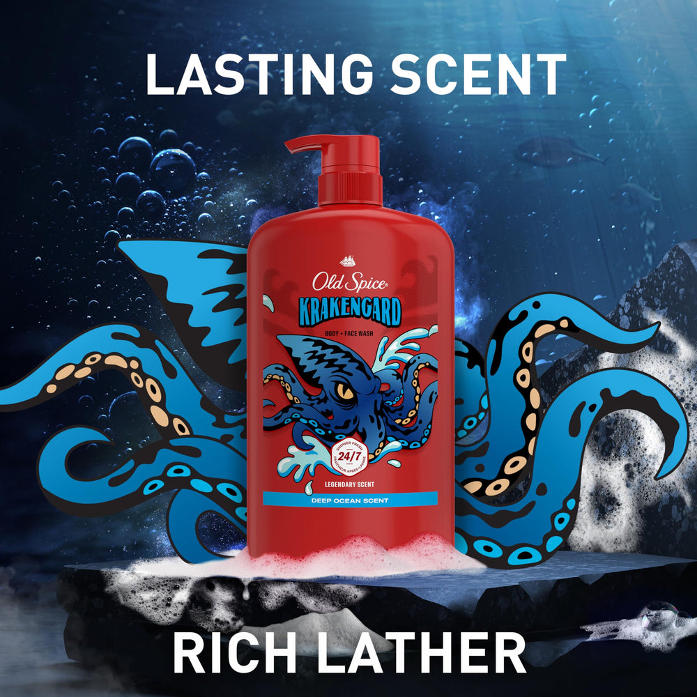 Old Spice Krakengard scent notes collage includes citrus, herbs, and woods.