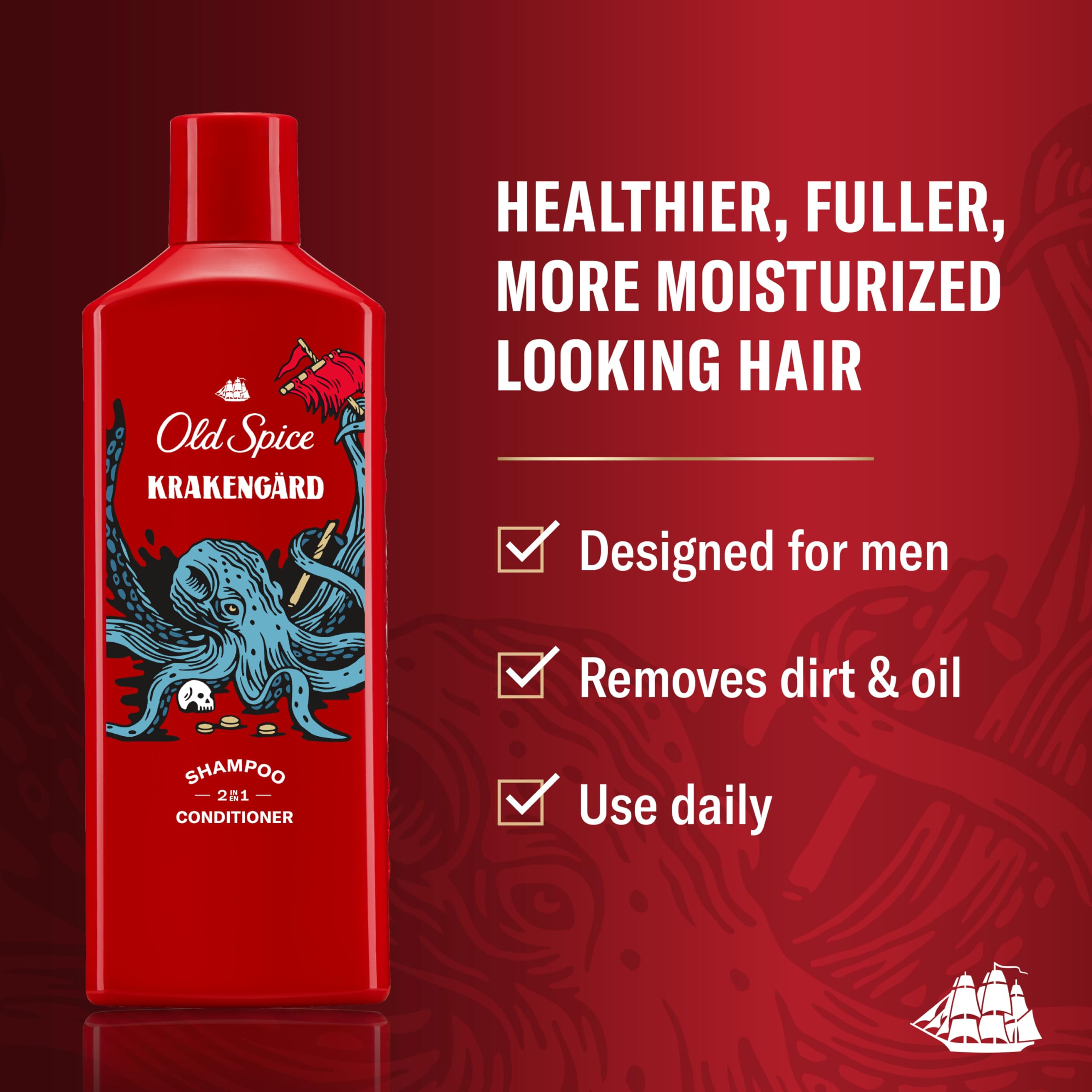 Old Spice Krakengard shampoo lather image highlights cleansing and conditioning in one step.