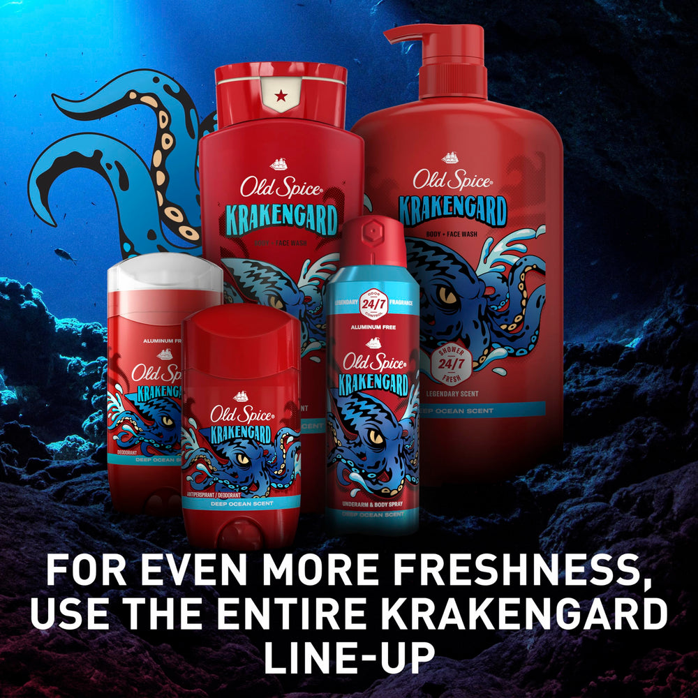 Old Spice Krakengard 2-in-1 wash shown for body and facial use.