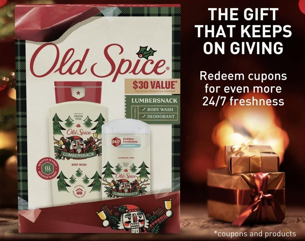 Old Spice Lumbersnack body wash bottle delivers invigorating pine aroma for morning showers.