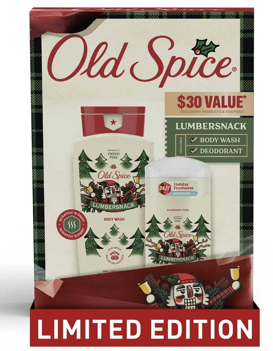 Old Spice Lumbersnack gift-set packaging highlights rugged pine scent for holiday gifting.