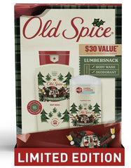 Old Spice Lumbersnack gift-set packaging highlights rugged pine scent for holiday gifting.