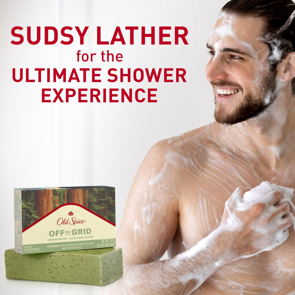 Old Spice Off the Grid sandalwood exfoliating grit buffs skin gently.