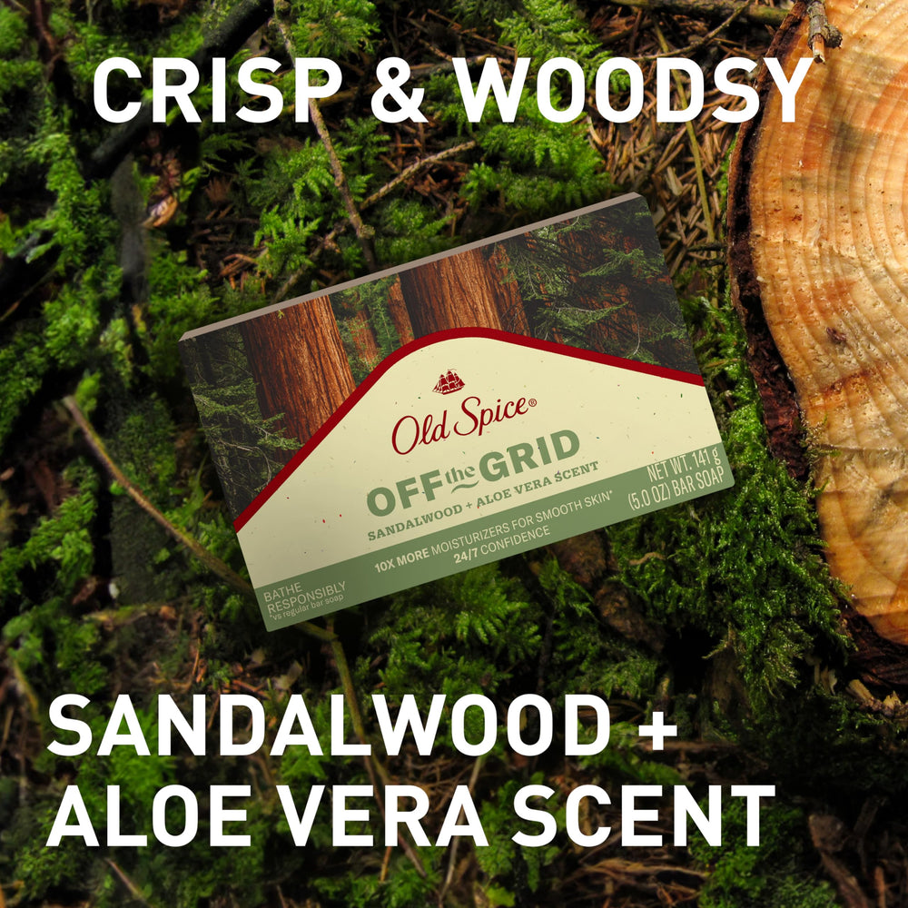 Old Spice Off the Grid sandalwood ingredients highlight plant-based cleansers.