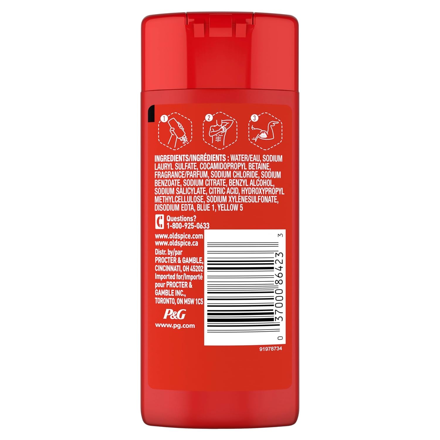 Old Spice box packaging displays triple-pack and travel-size wash.