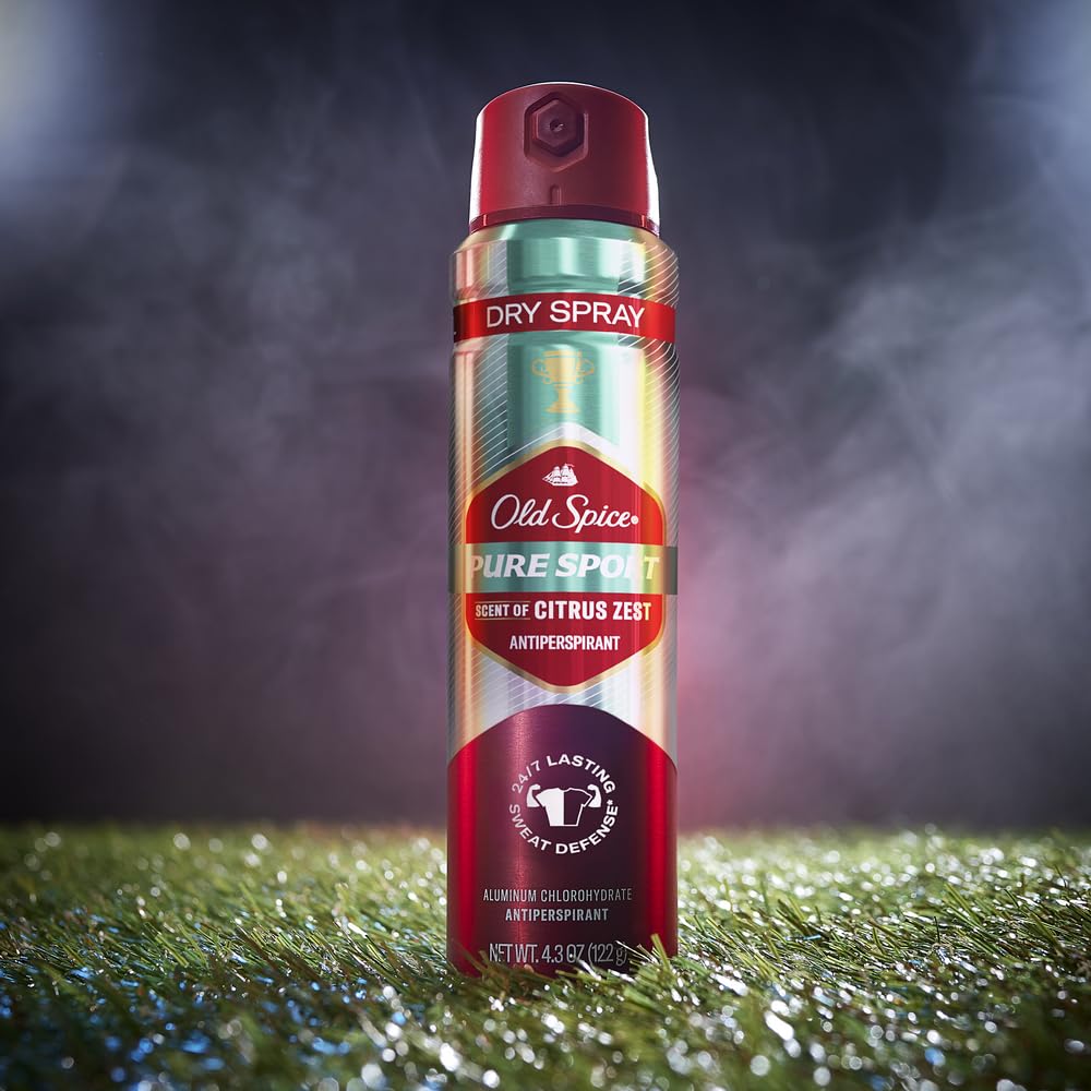 Old Spice Pure Sport Plus application spray in action for quick-dry feel.