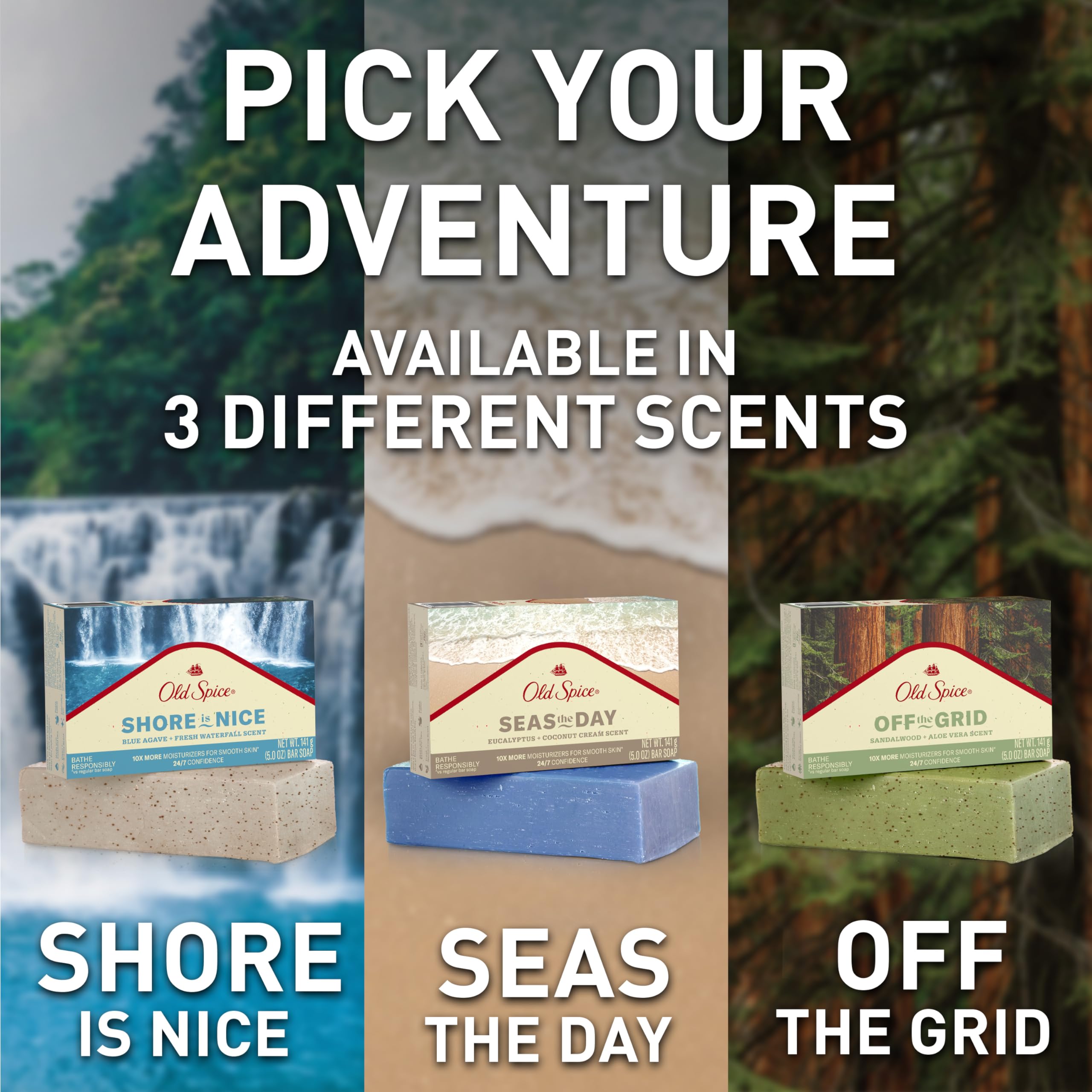 Old Spice Seas the Day bar soap with moisturizers—hydration after shower.