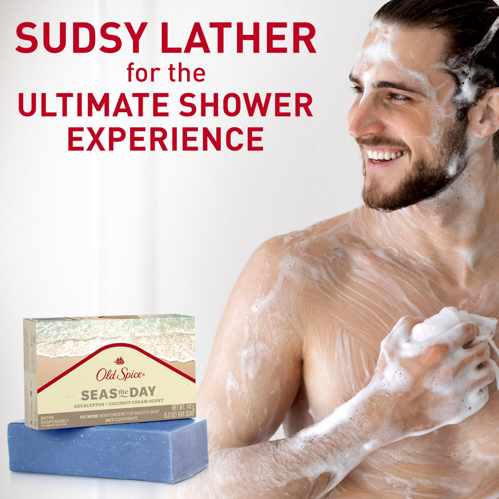Old Spice Seas the Day bar soap pack side—plant-based cleanser promise.