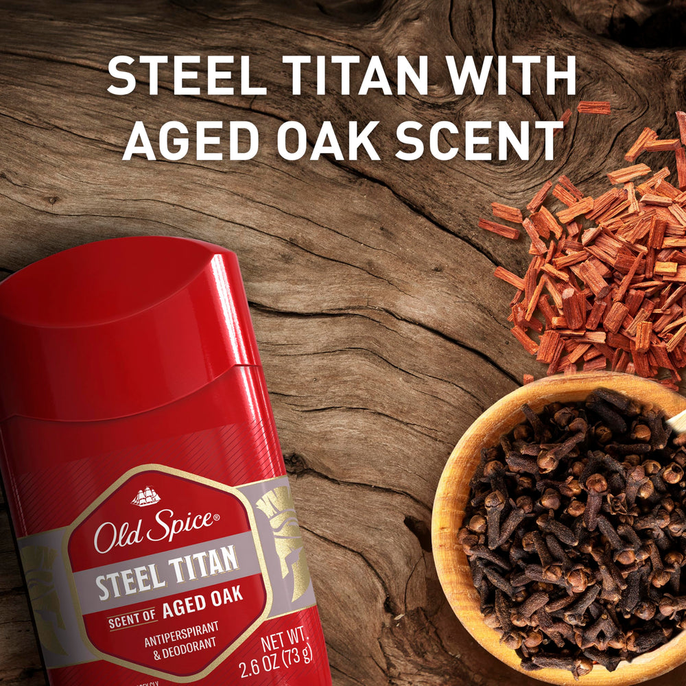 Old Spice Steel Titan armpit-dry visual conveys long-lasting dry feel during workouts.