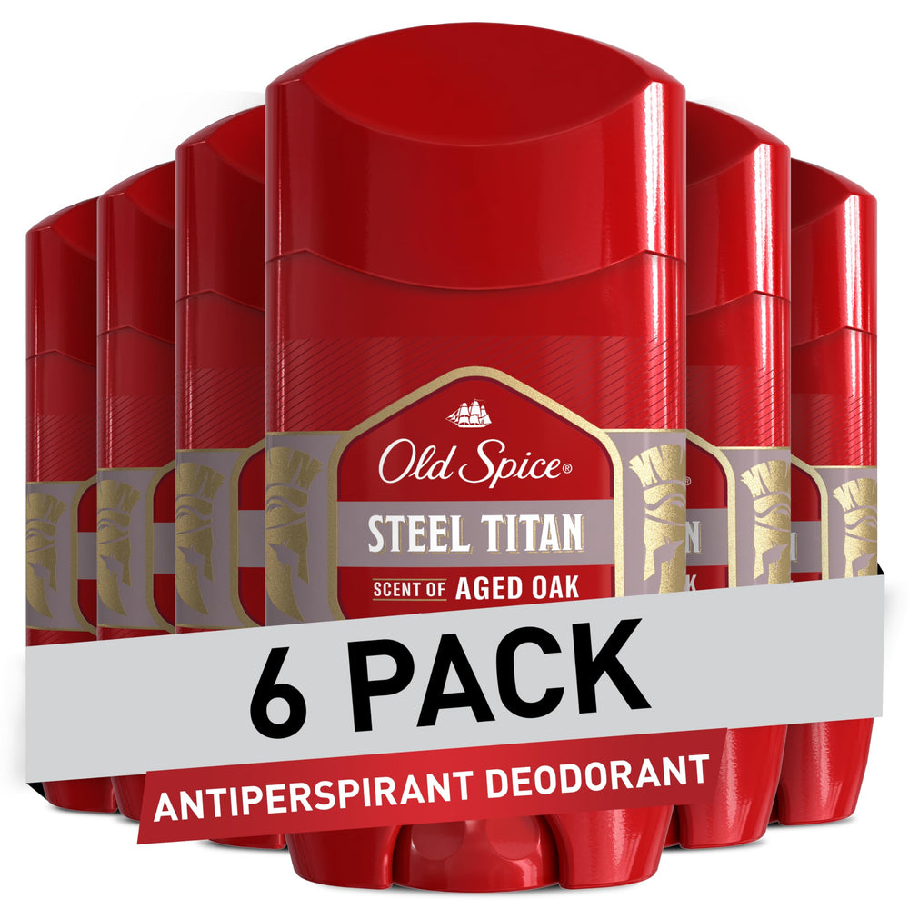 Old Spice Steel Titan bottle front highlights durable design for all-day protection.