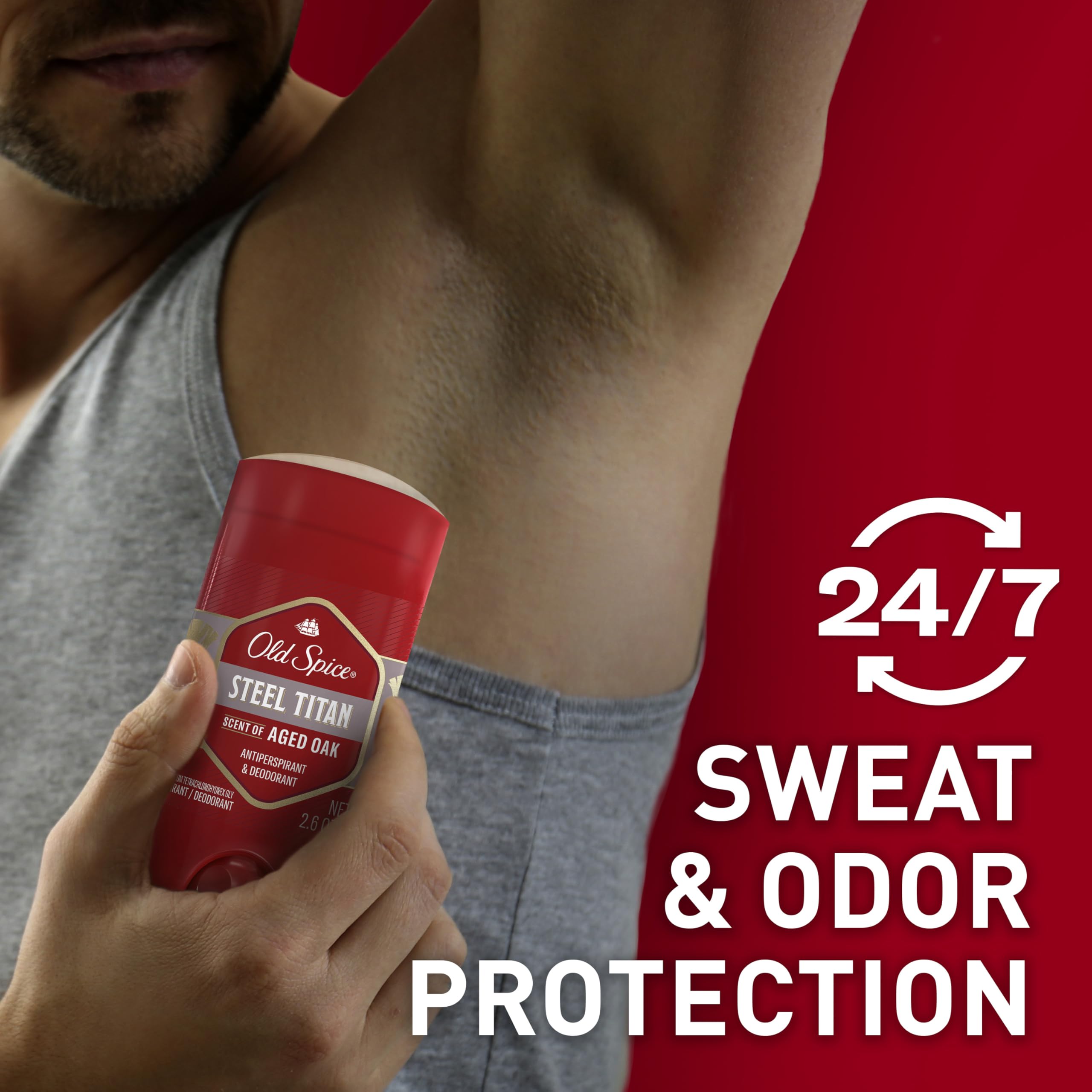 Old Spice Steel Titan invisible-solid application shows no-stain, 24/7 odor protection.