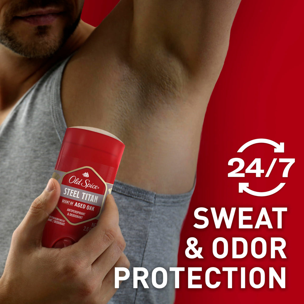 Old Spice Steel Titan invisible-solid application shows no-stain, 24/7 odor protection.