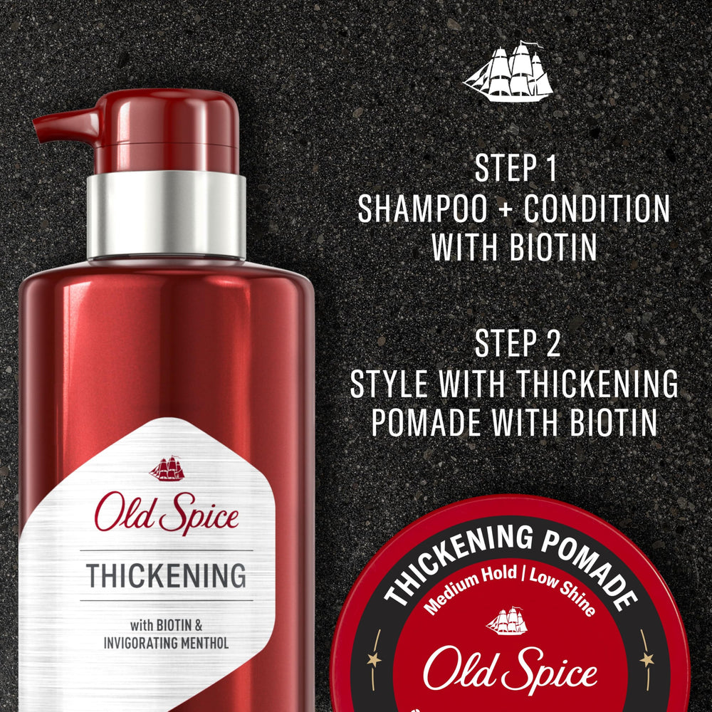 Old Spice Thickening Pomade barber-scent evokes barbershop confidence during daily styling.