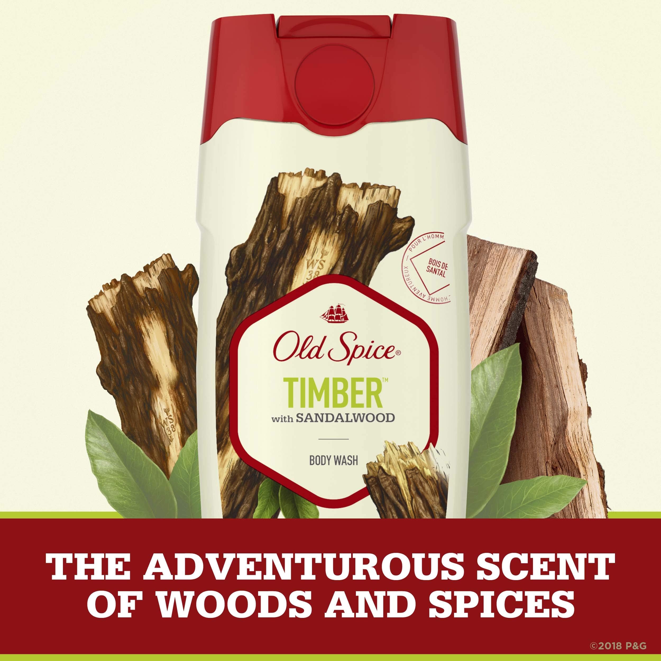 Old Spice Timber bottle label close-up highlighting Fresher Collection branding.
